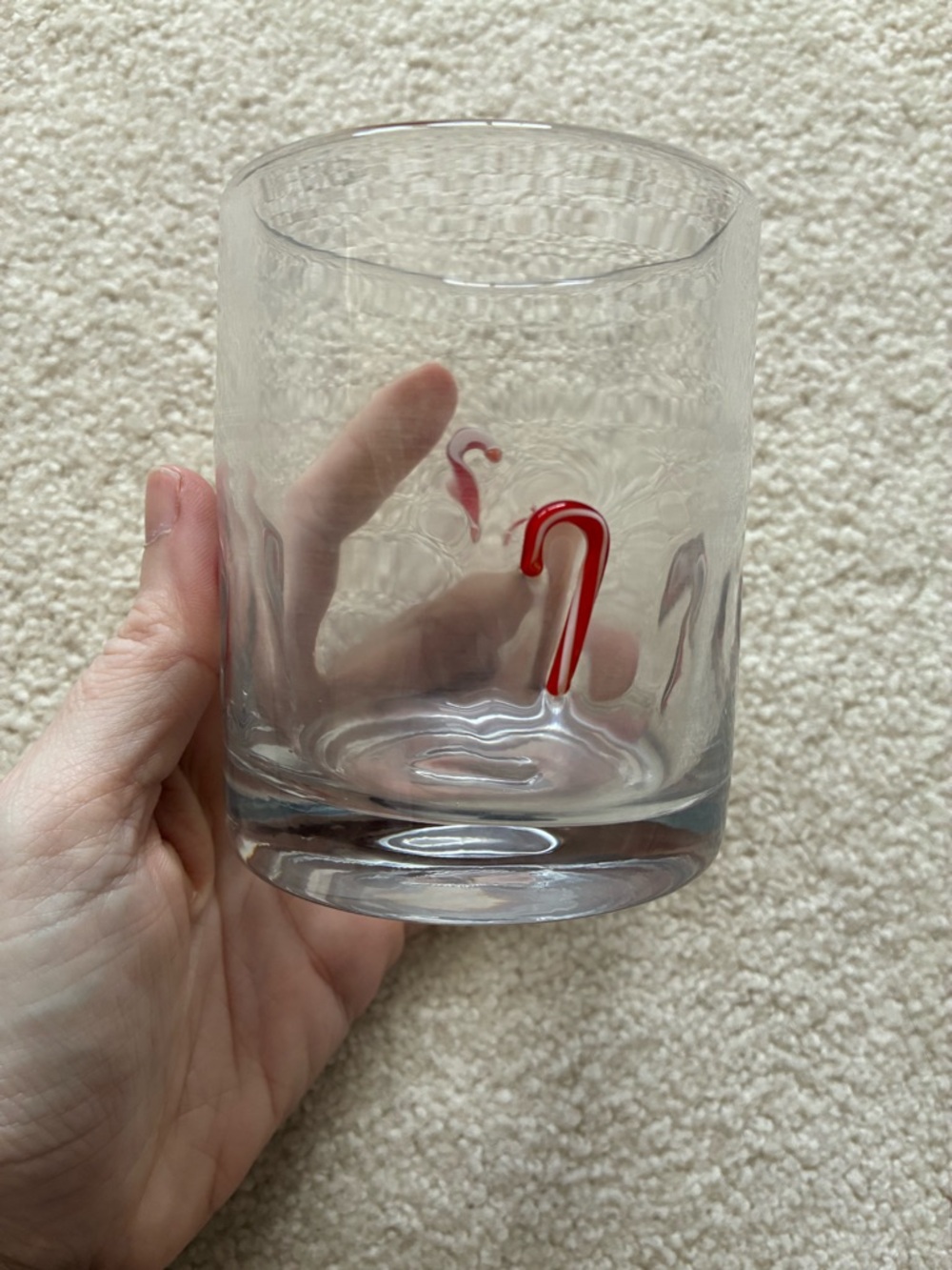 Crate&Barrel Clear Glass Tumbler with Red Candy Cane Accent